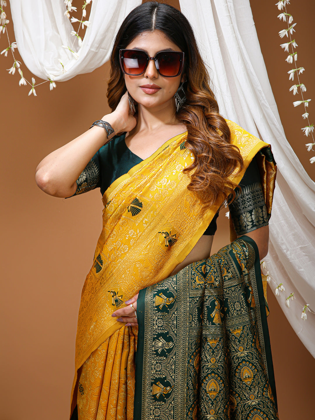 Yellow Lichi Silk Jacquard Weaving Saree with Contrast Blouse
